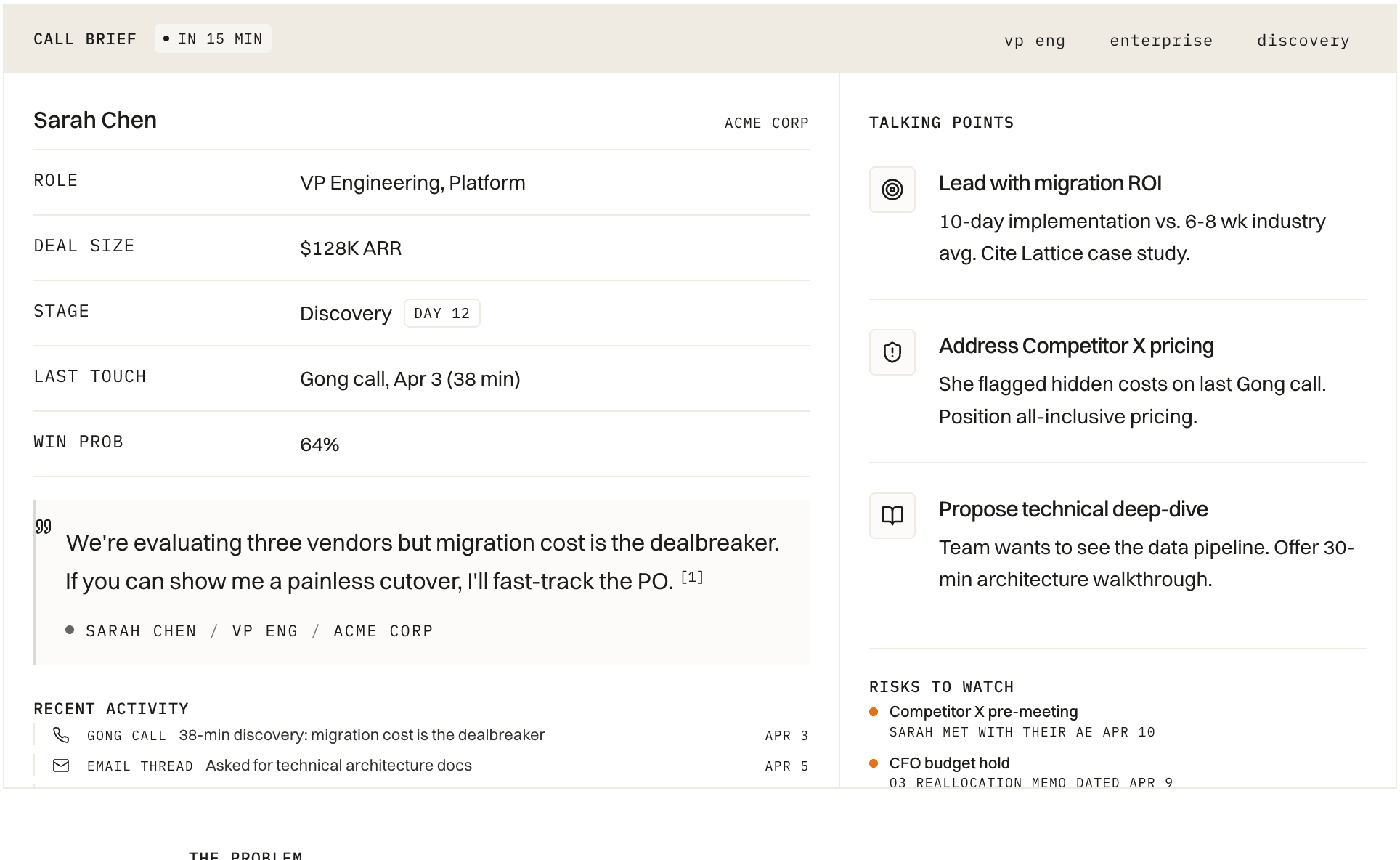 Pre-call brief with prospect profile, key quote, talking points, and risks to watch.