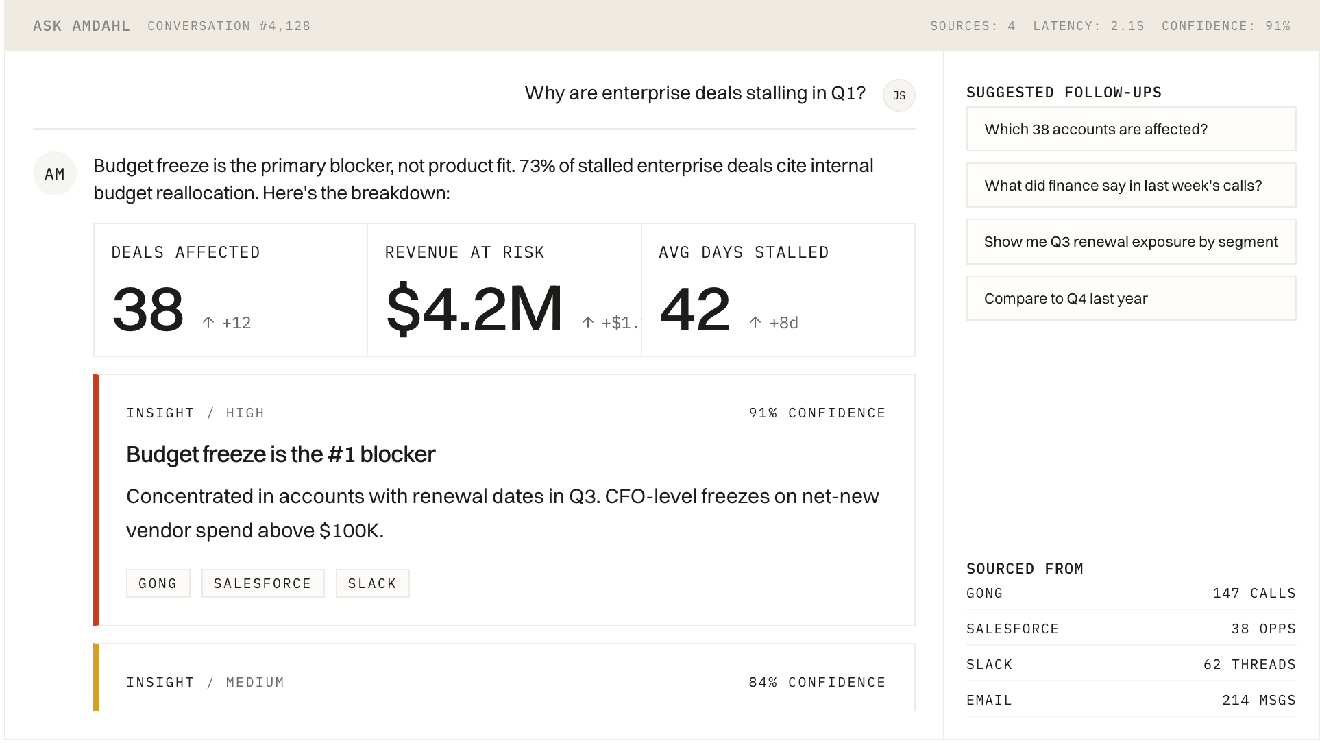 Ask-Amdahl conversation answering an enterprise pipeline question with stats, insights, follow-ups, and source counts.
